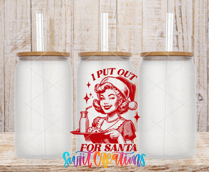 I Put Out for Santa frosted glass tumbler mockup with bamboo lids and straws