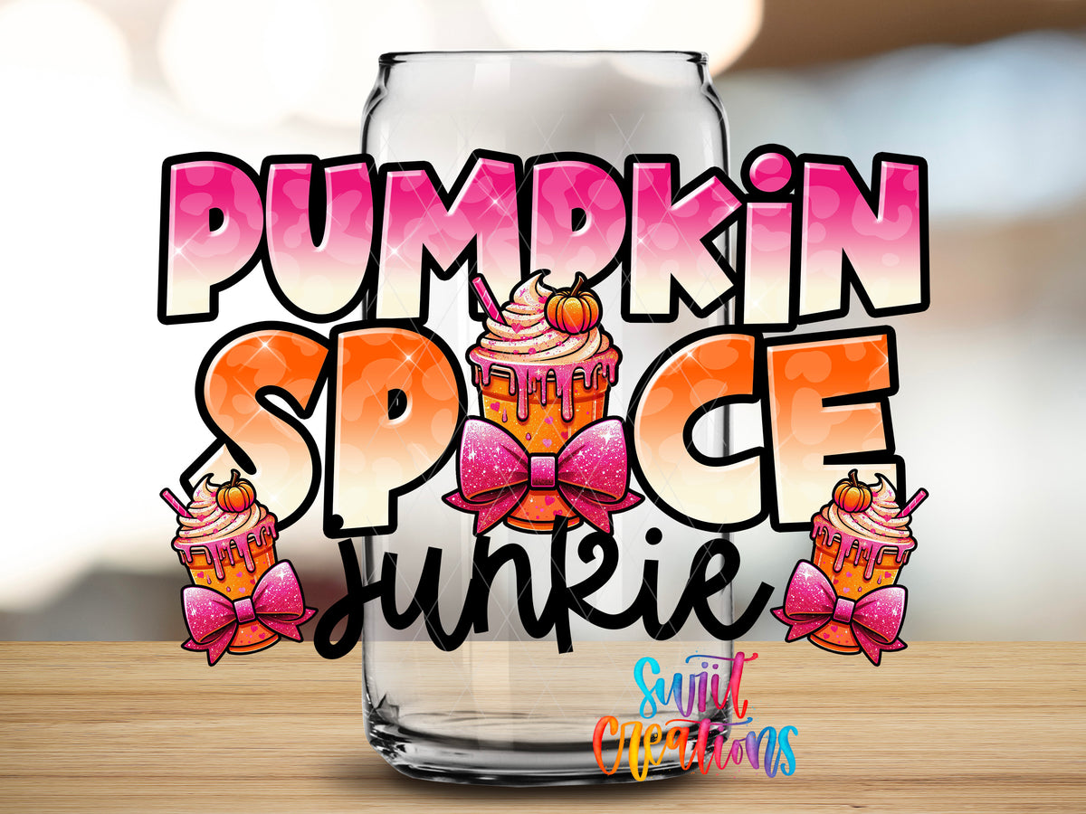 Pumpkin Spice Junkie design close-up on a clear glass can tumbler