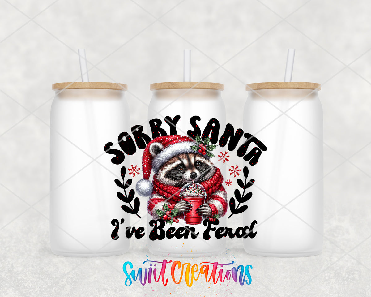 Sorry Santa I Have Been Feral Raccoon frosted glass tumbler group view with lids and straws