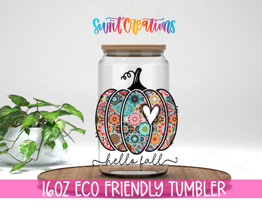 Hello Fall Floral Pumpkin design on a 16 oz clear glass tumbler with bamboo lid
