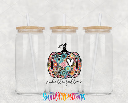 Hello Fall Floral Pumpkin clear glass tumbler group mockup with bamboo lids and straws