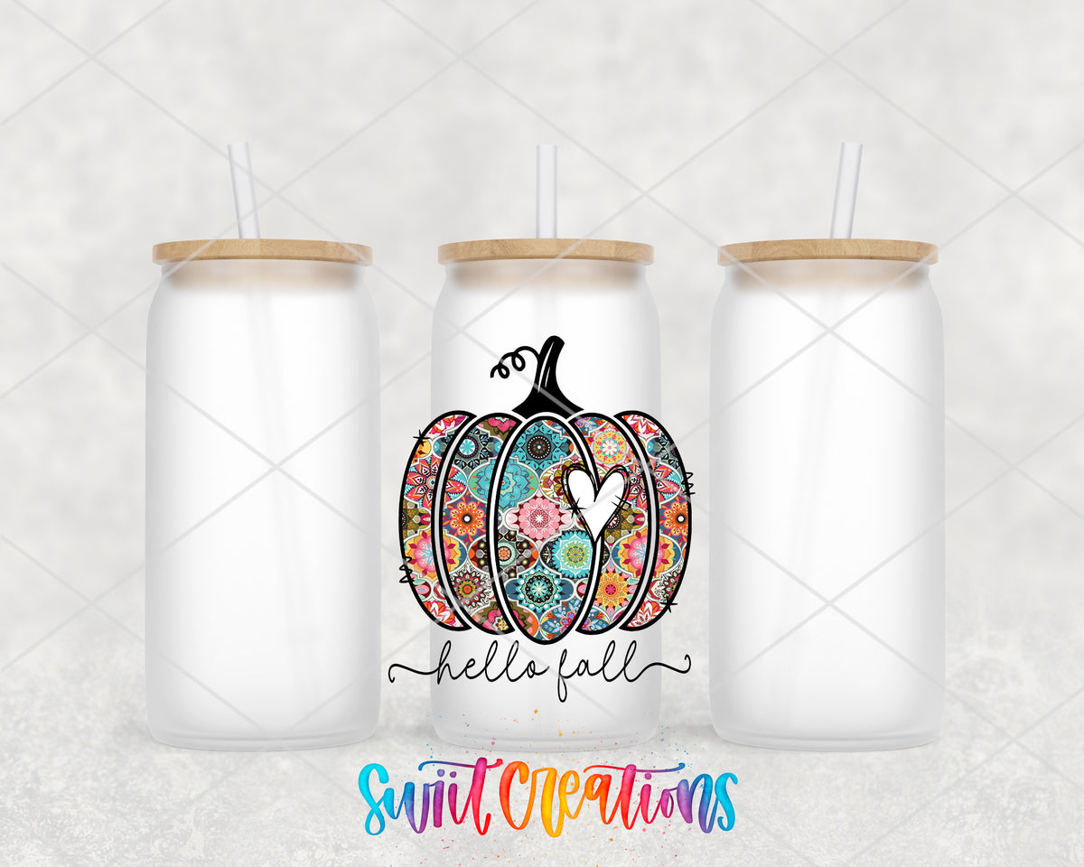 Hello Fall Floral Pumpkin frosted glass tumbler group view with lids and straws
