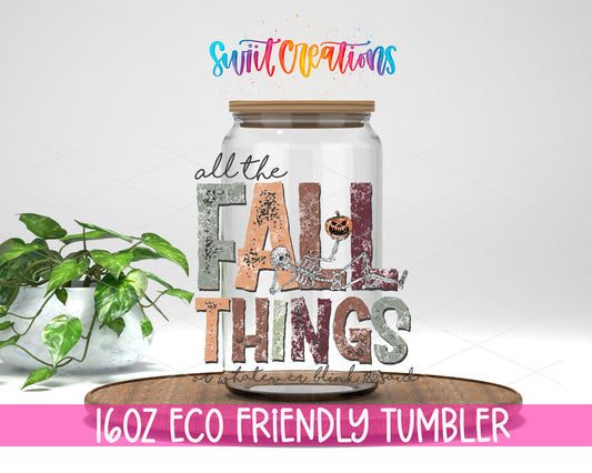 All the Fall Things design on a 16 oz clear glass tumbler with bamboo lid