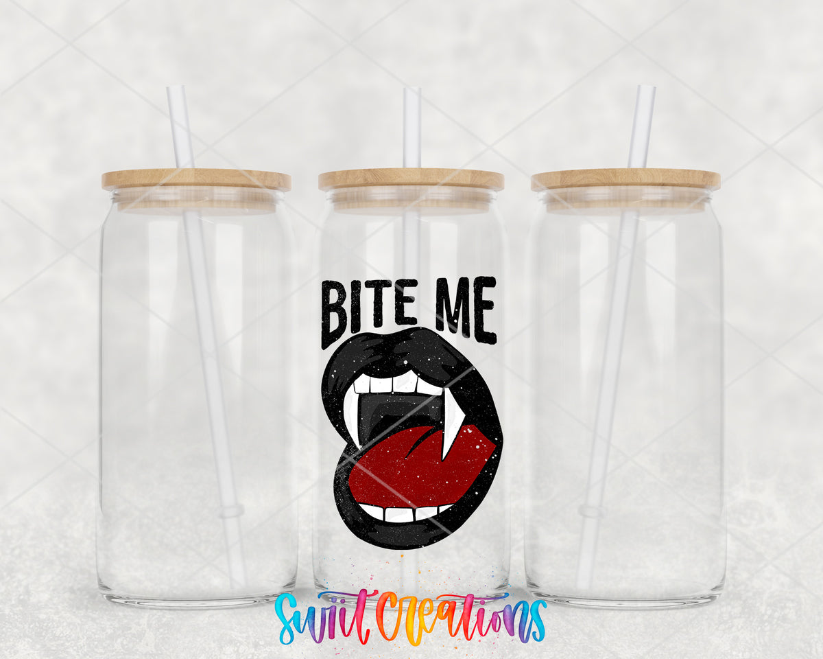 Bite Me Vampire clear glass tumbler group mockup with bamboo lids and straws