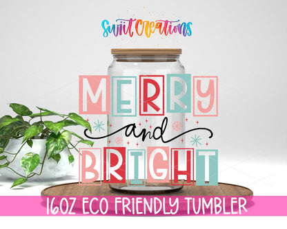 Merry and Bright Pastel Blocks design on a 16 oz clear glass tumbler with bamboo lid