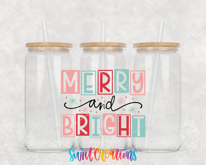 Merry and Bright Pastel Blocks clear glass tumbler group mockup with bamboo lids and straws