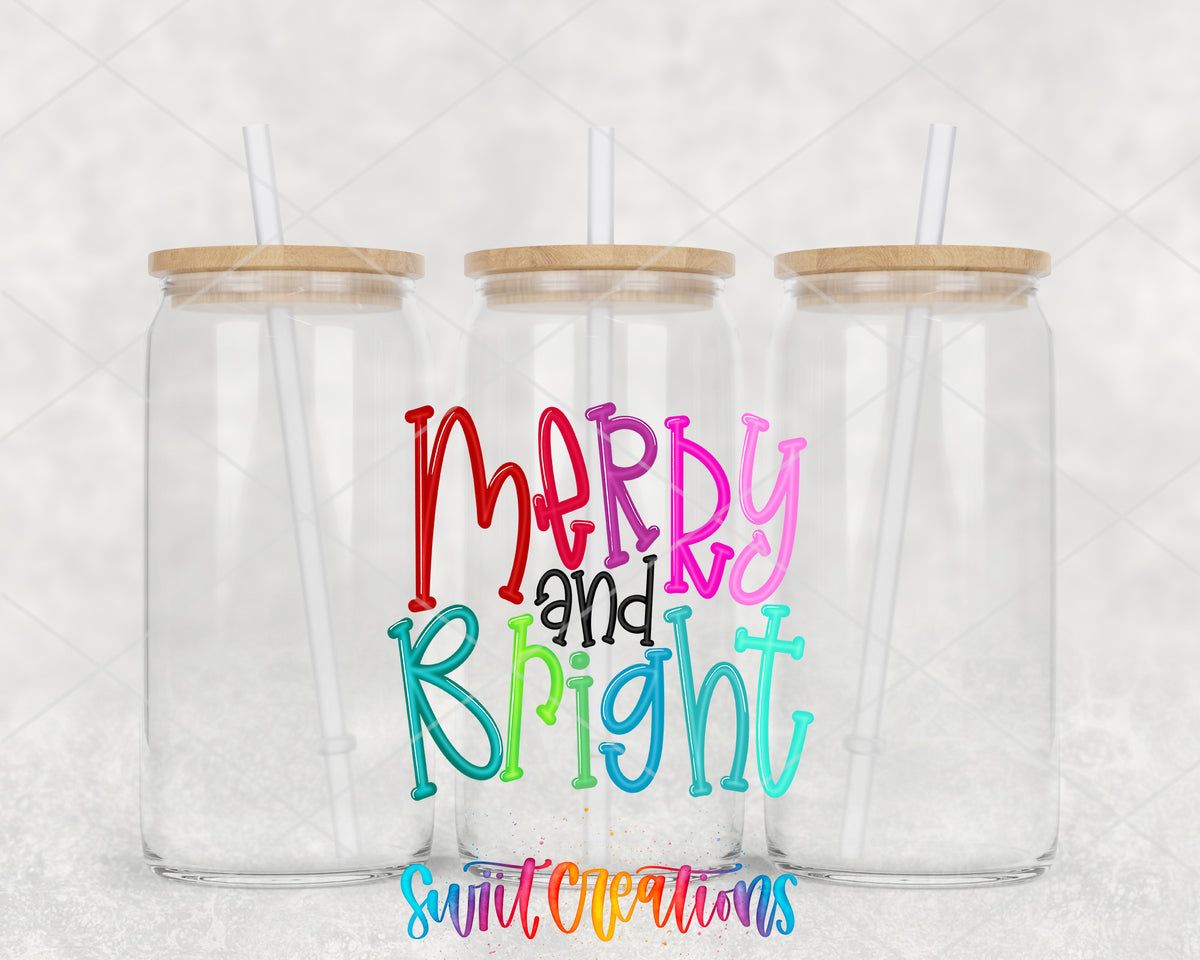 Merry and Bright Colorful Script clear glass tumbler group mockup with bamboo lids and straws