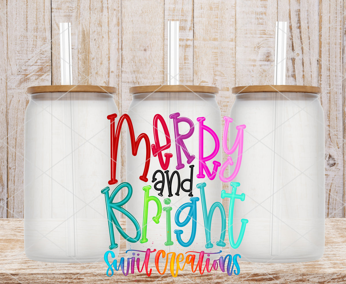Merry and Bright Colorful Script frosted glass tumbler mockup with bamboo lids and straws