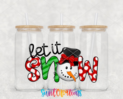 Let It Snow Colorful Snowman clear glass tumbler group mockup with bamboo lids and straws