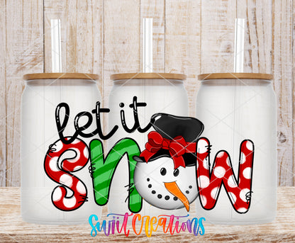 Let It Snow Colorful Snowman frosted glass tumbler mockup with bamboo lids and straws
