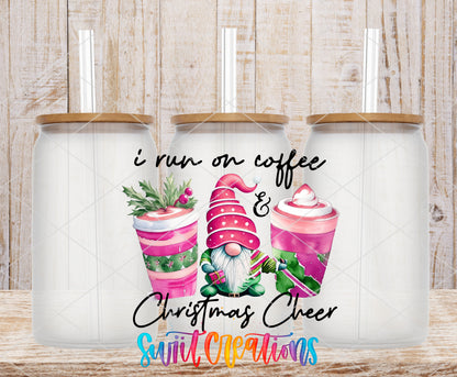 Coffee and Christmas Cheer Gnome frosted glass tumbler mockup with bamboo lids and straws