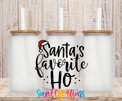 Santa Favorite Ho frosted glass tumbler mockup with bamboo lids and straws