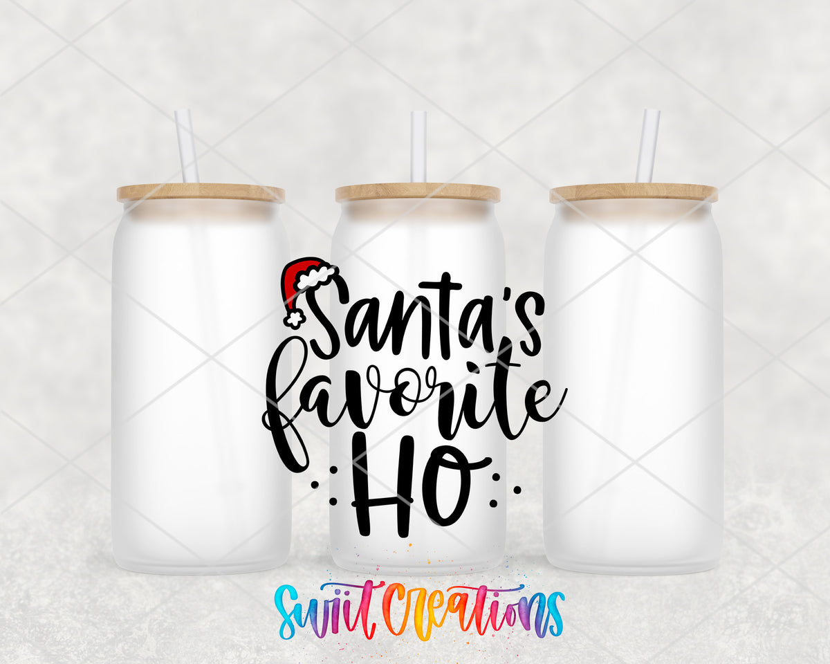 Santa Favorite Ho frosted glass tumbler group view with lids and straws
