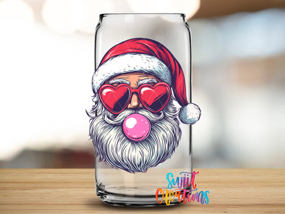 Retro Santa Bubblegum design close-up on a clear glass can tumbler