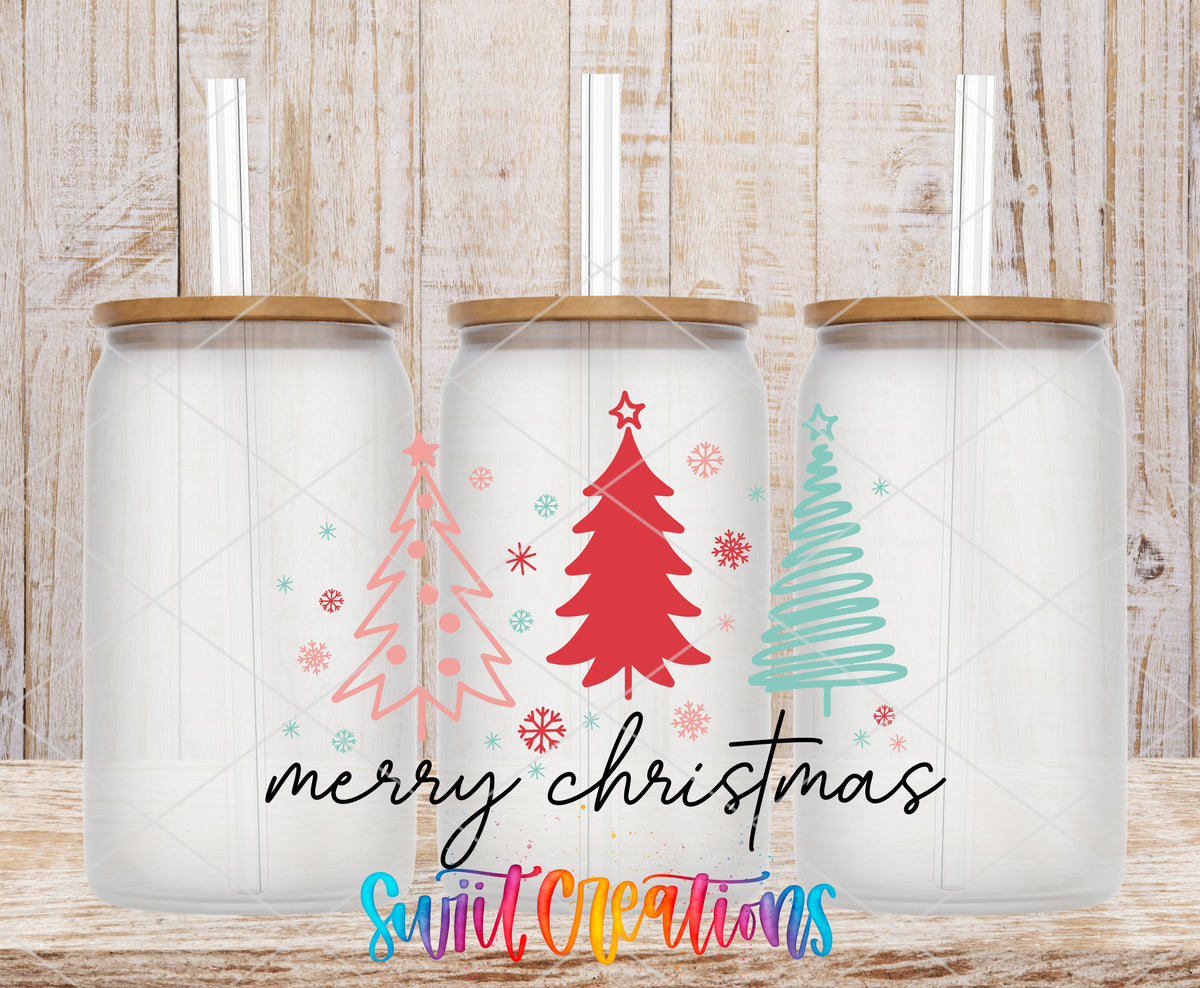 Merry Christmas Three Trees frosted glass tumbler mockup with bamboo lids and straws