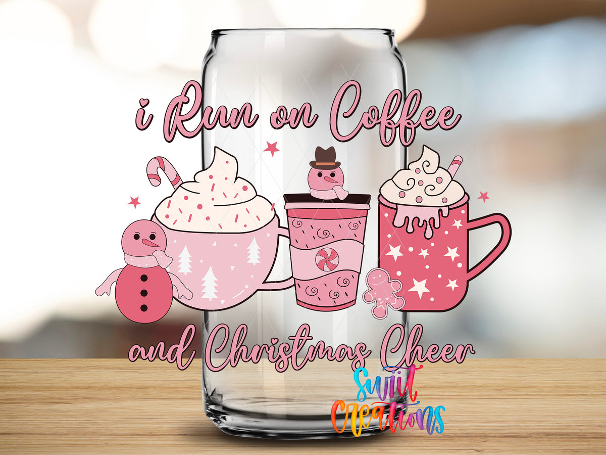 Coffee and Christmas Cheer Pink Drinks design close-up on a clear glass can tumbler