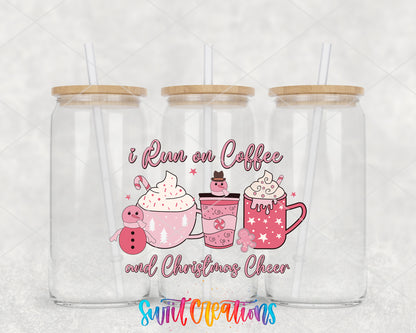 Coffee and Christmas Cheer Pink Drinks clear glass tumbler group mockup with bamboo lids and straws