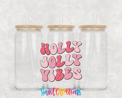 Holly Jolly Vibes clear glass tumbler group mockup with bamboo lids and straws