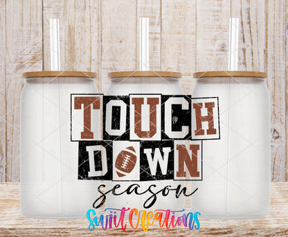 Touchdown Season frosted glass tumbler mockup with bamboo lids and straws