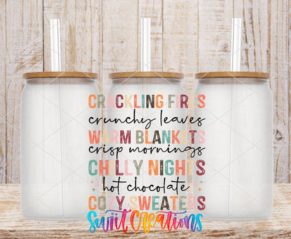 Crackling Fires Cozy Sweaters frosted glass tumbler mockup with bamboo lids and straws