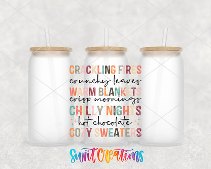 Crackling Fires Cozy Sweaters frosted glass tumbler group view with lids and straws