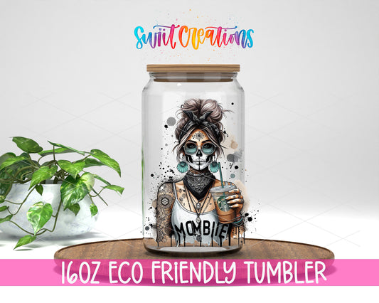 Mombie Coffee design on a 16 oz clear glass tumbler with bamboo lid