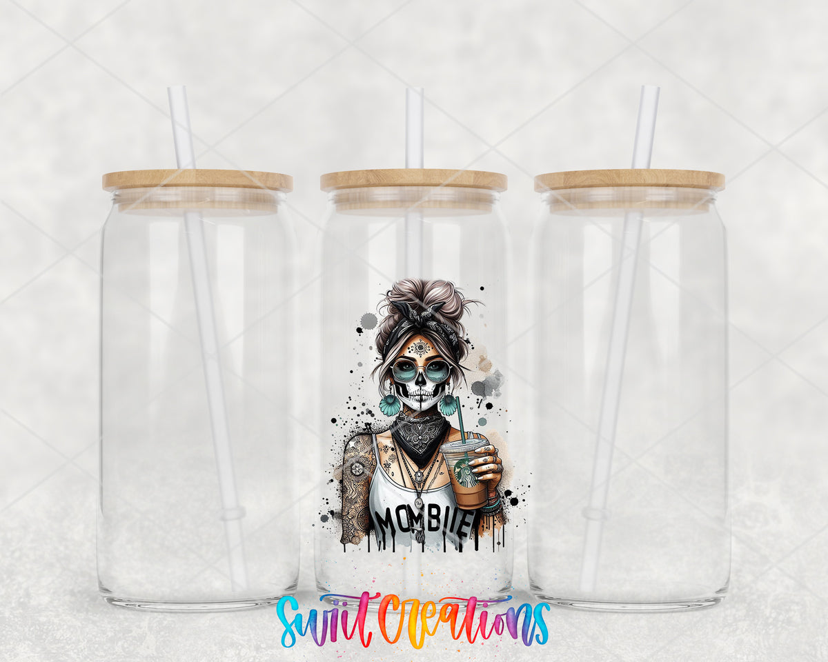 Mombie Coffee clear glass tumbler group mockup with bamboo lids and straws