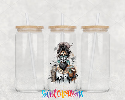 Mombie Coffee clear glass tumbler group mockup with bamboo lids and straws