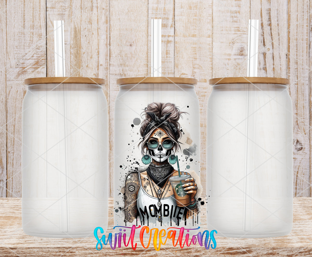 Mombie Coffee frosted glass tumbler mockup with bamboo lids and straws