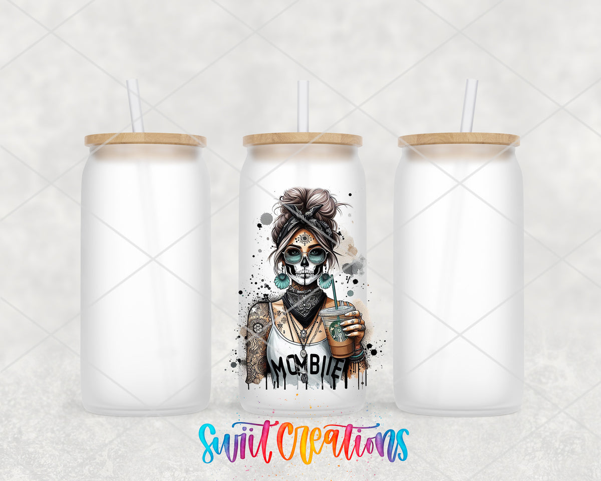 Mombie Coffee frosted glass tumbler group view with lids and straws