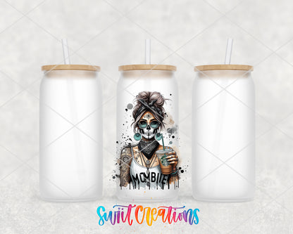 Mombie Coffee frosted glass tumbler group view with lids and straws
