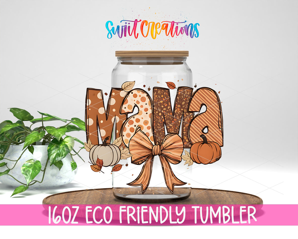 Fall Mama Bow design on a 16 oz clear glass tumbler with bamboo lid