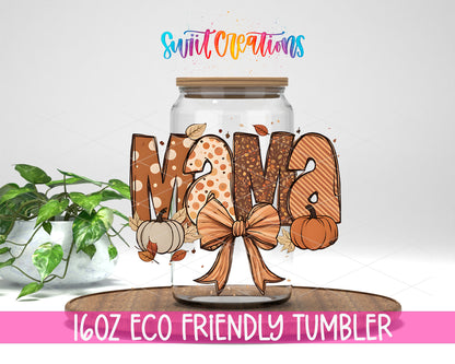 Fall Mama Bow design on a 16 oz clear glass tumbler with bamboo lid