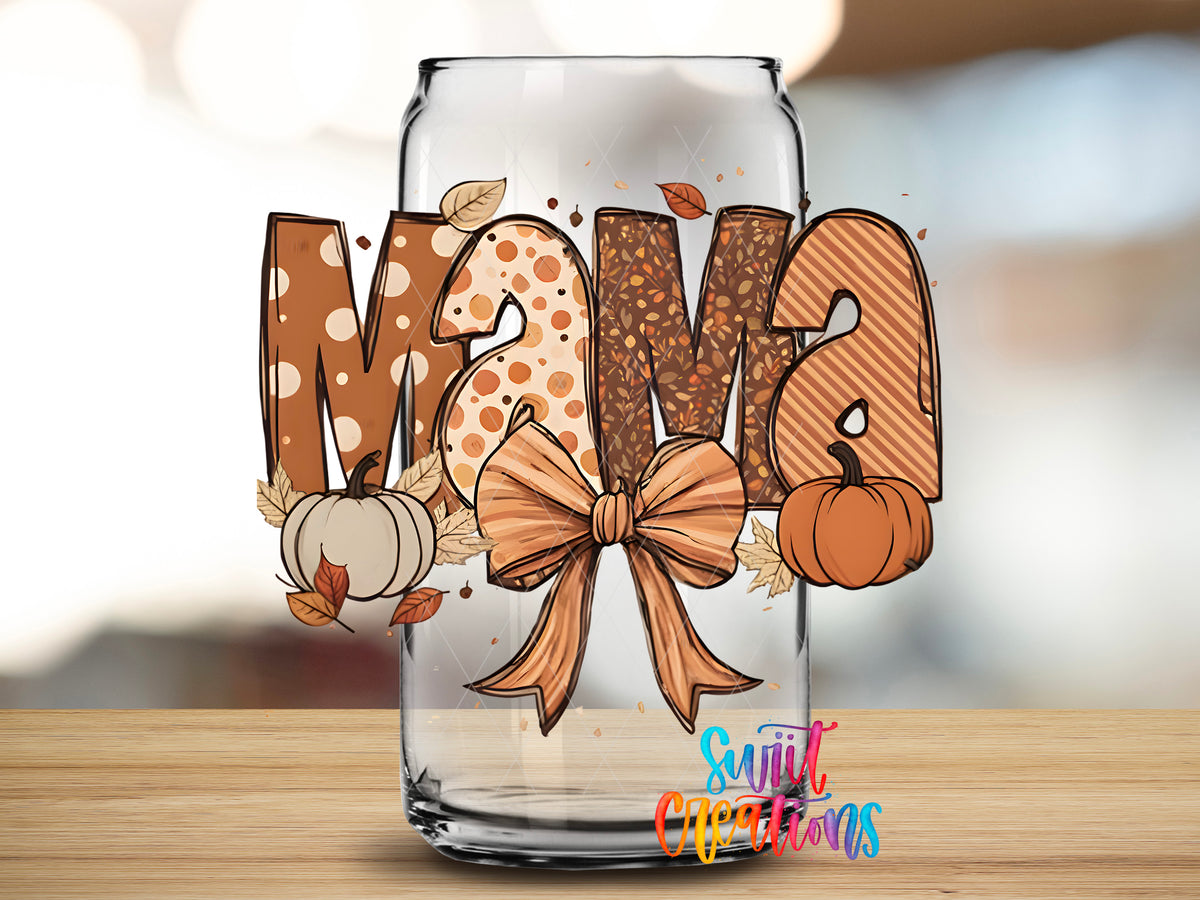 Fall Mama Bow design close-up on a clear glass can tumbler
