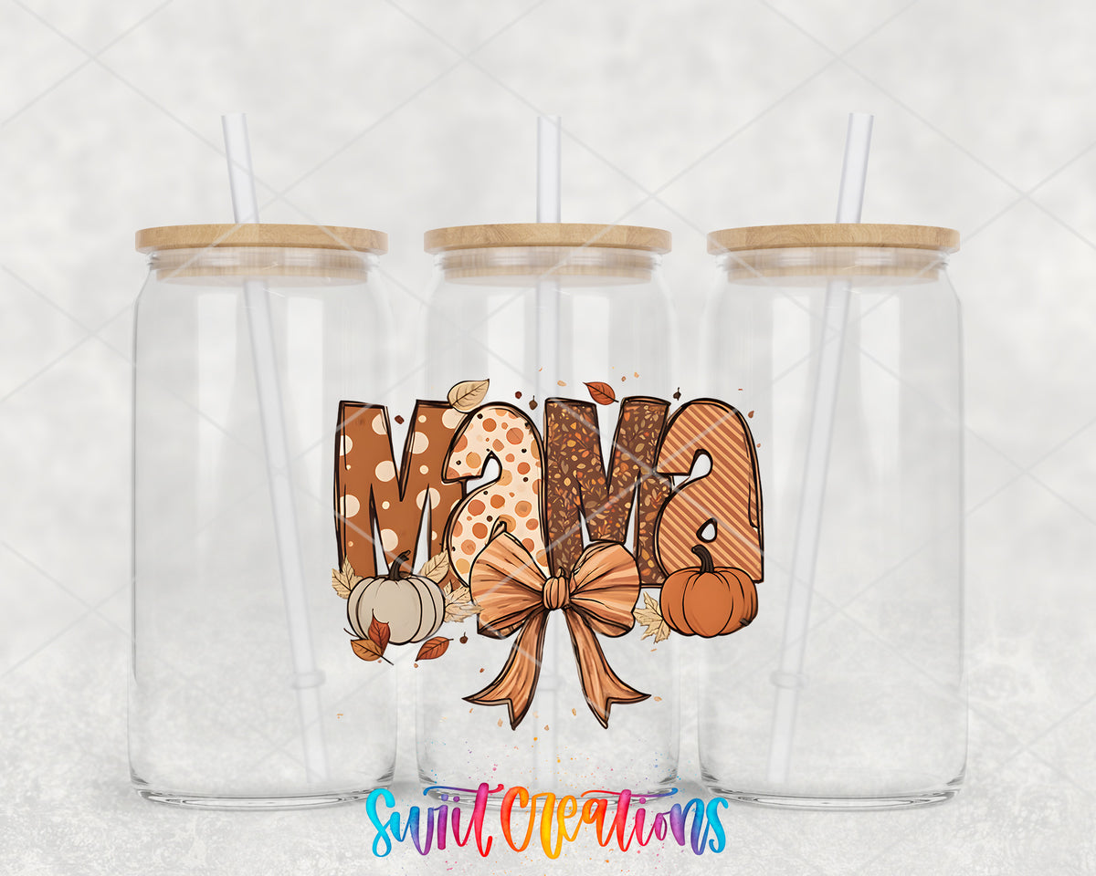 Fall Mama Bow clear glass tumbler group mockup with bamboo lids and straws