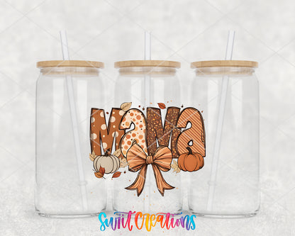 Fall Mama Bow clear glass tumbler group mockup with bamboo lids and straws