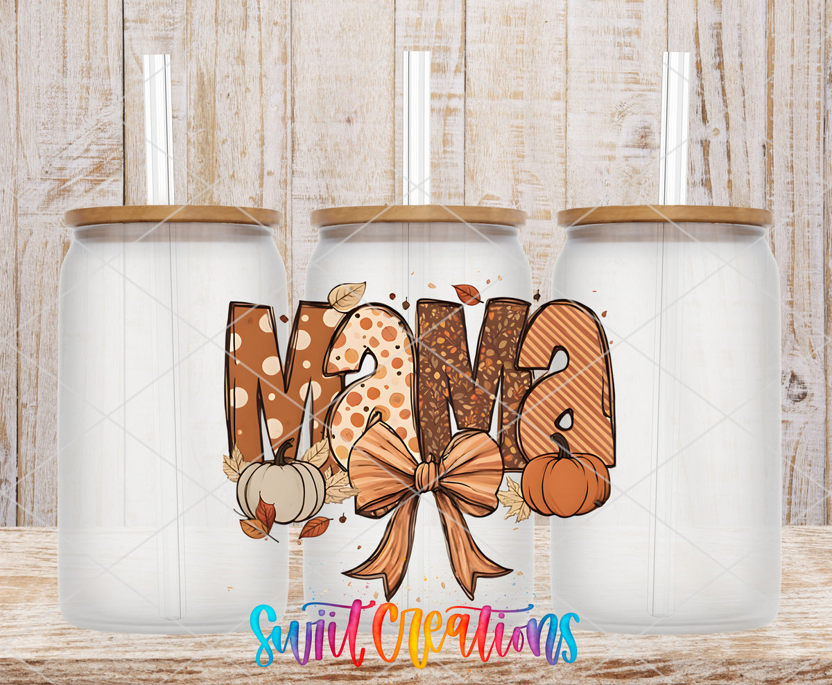 Fall Mama Bow frosted glass tumbler mockup with bamboo lids and straws