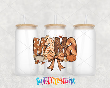 Fall Mama Bow frosted glass tumbler group view with lids and straws