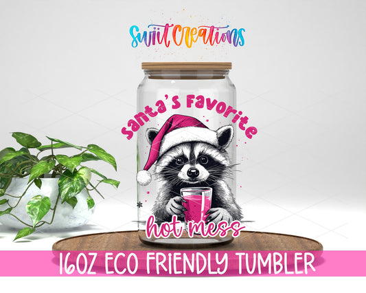 Santa Favorite Hot Mess design on a 16 oz clear glass tumbler with bamboo lid