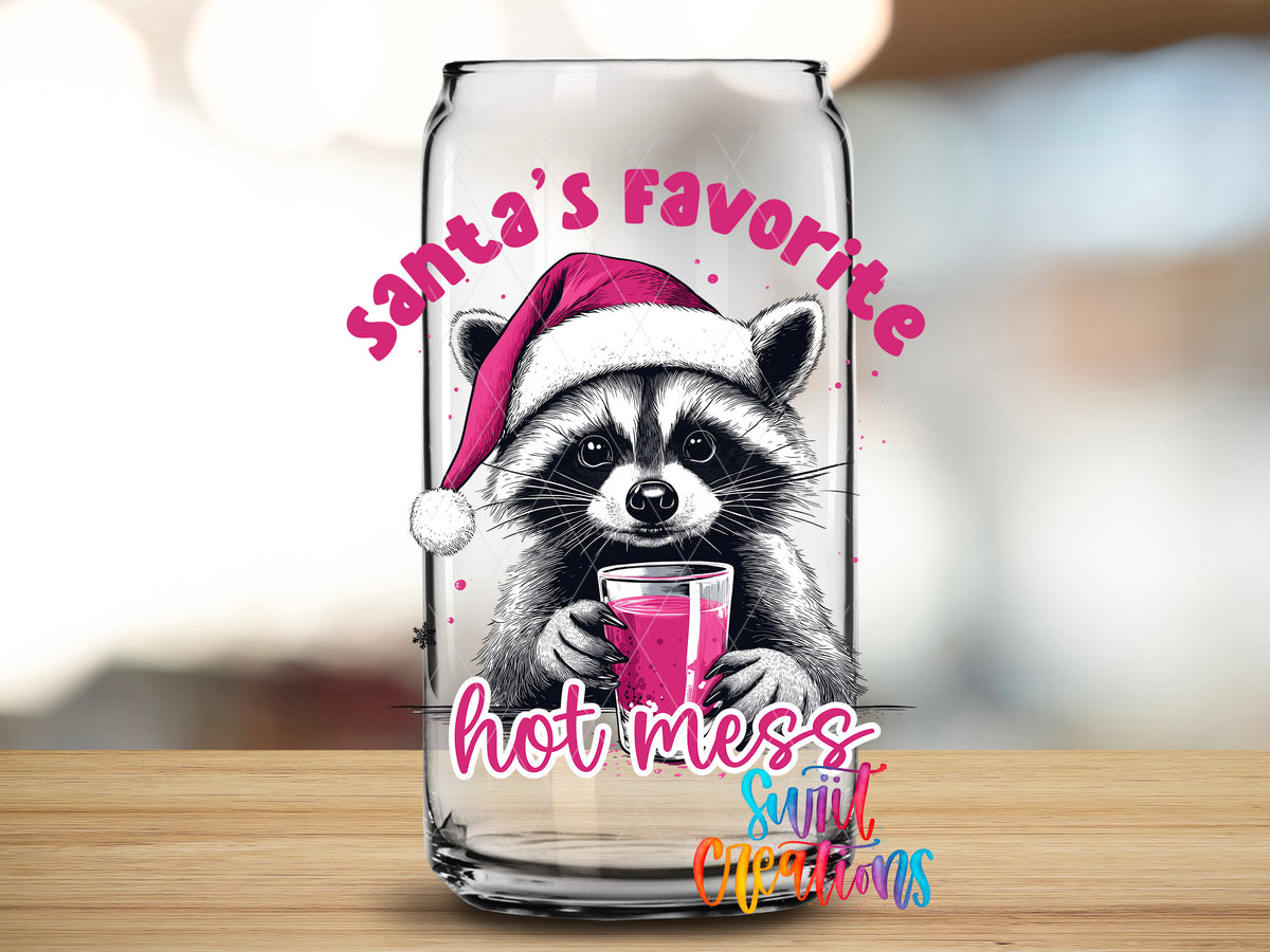 Santa Favorite Hot Mess design close-up on a clear glass can tumbler