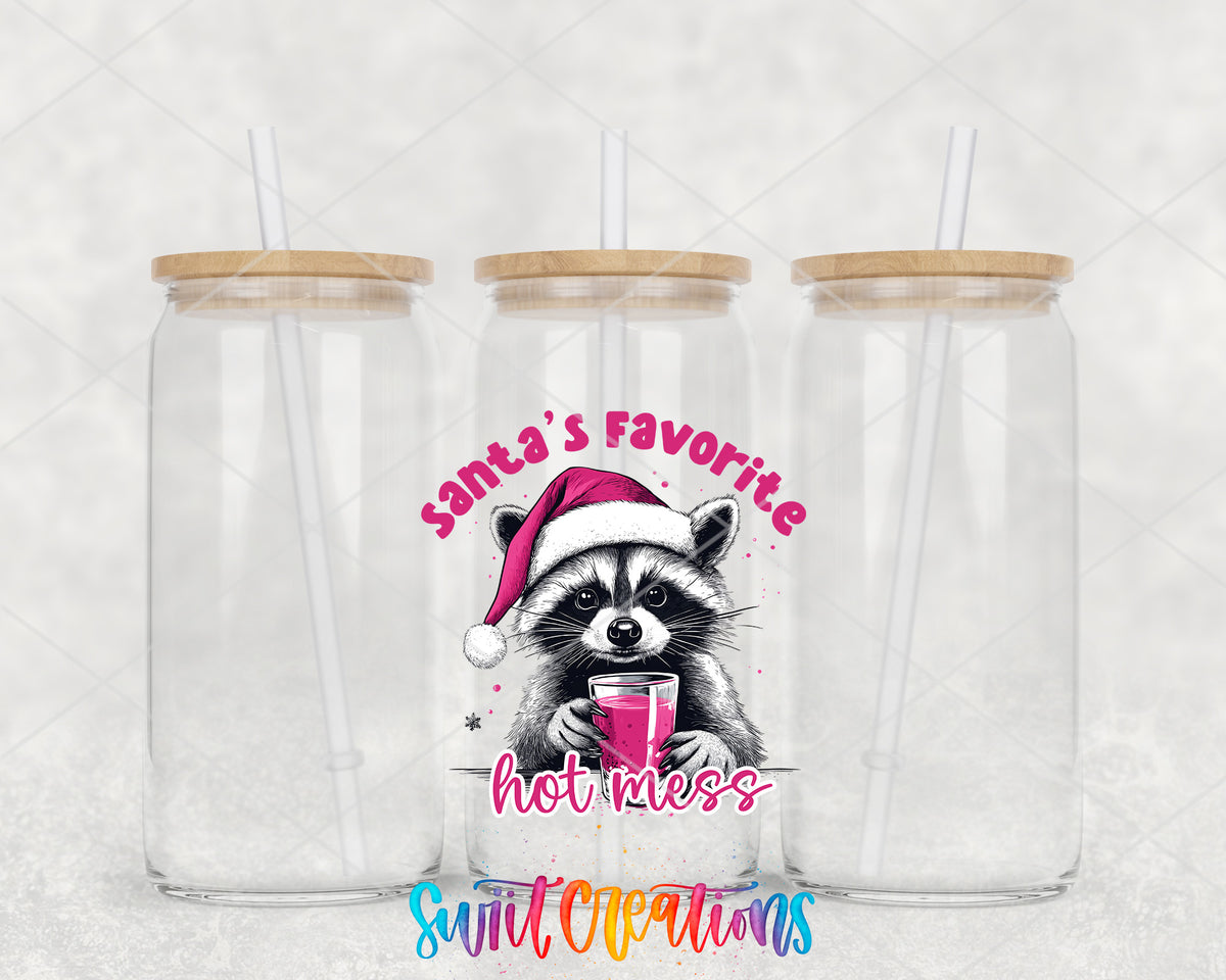 Santa Favorite Hot Mess clear glass tumbler group mockup with bamboo lids and straws