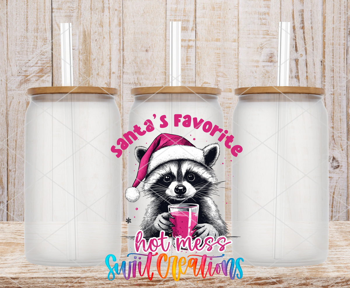 Santa Favorite Hot Mess frosted glass tumbler mockup with bamboo lids and straws