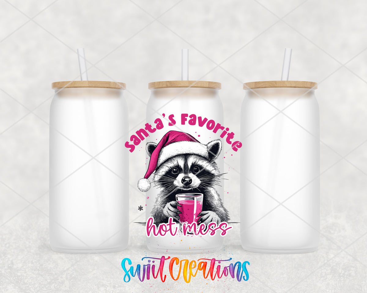 Santa Favorite Hot Mess frosted glass tumbler group view with lids and straws