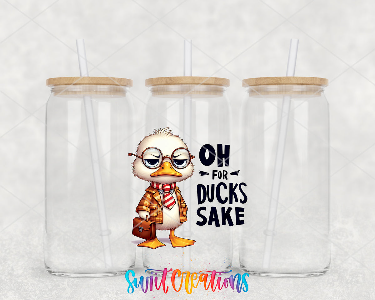 Oh for Ducks Sake clear glass tumbler group mockup with bamboo lids and straws