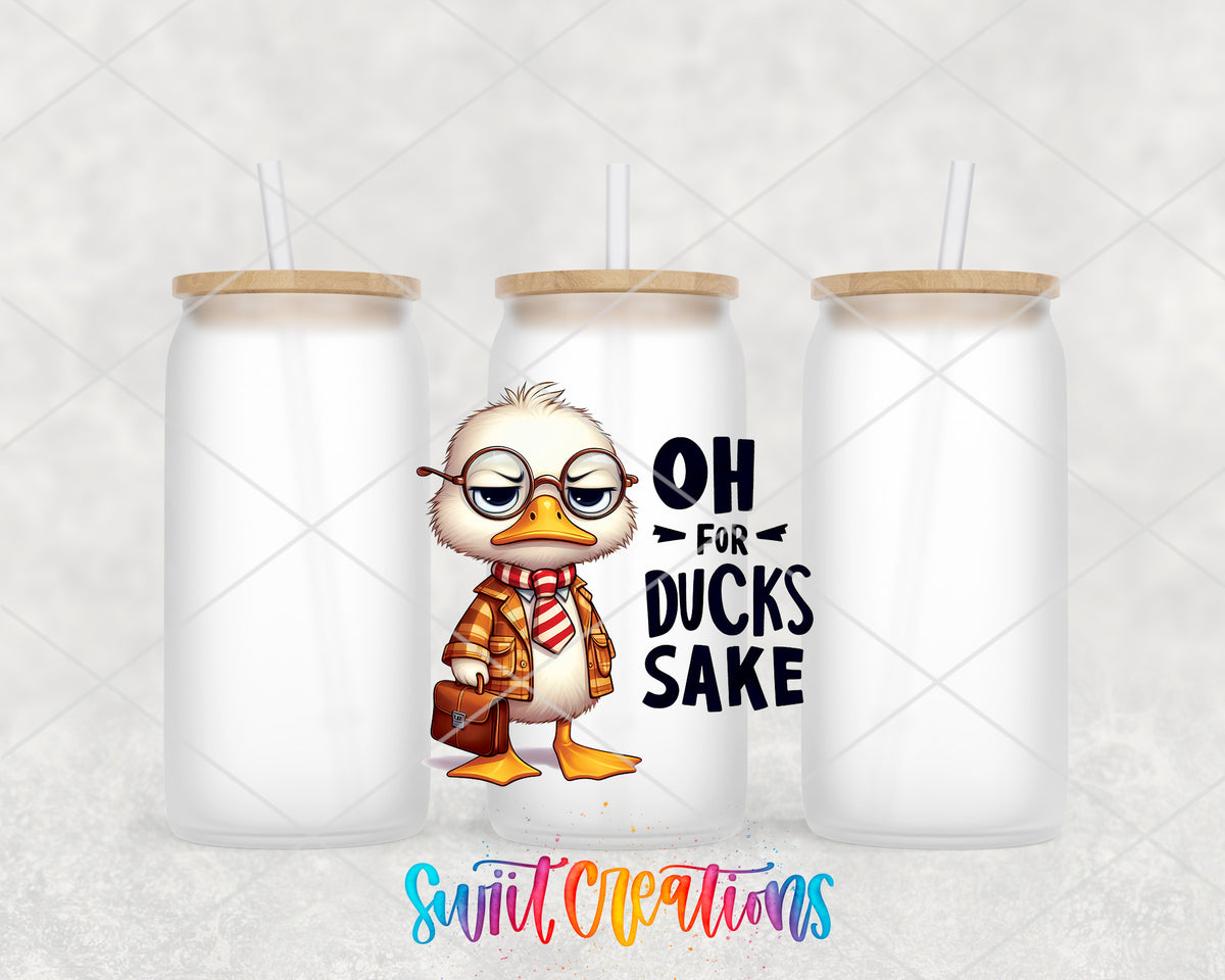 Oh for Ducks Sake frosted glass tumbler group view with lids and straws