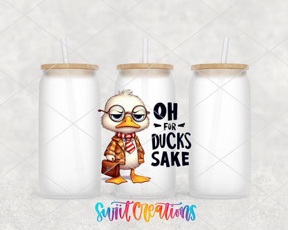 Oh for Ducks Sake frosted glass tumbler group view with lids and straws