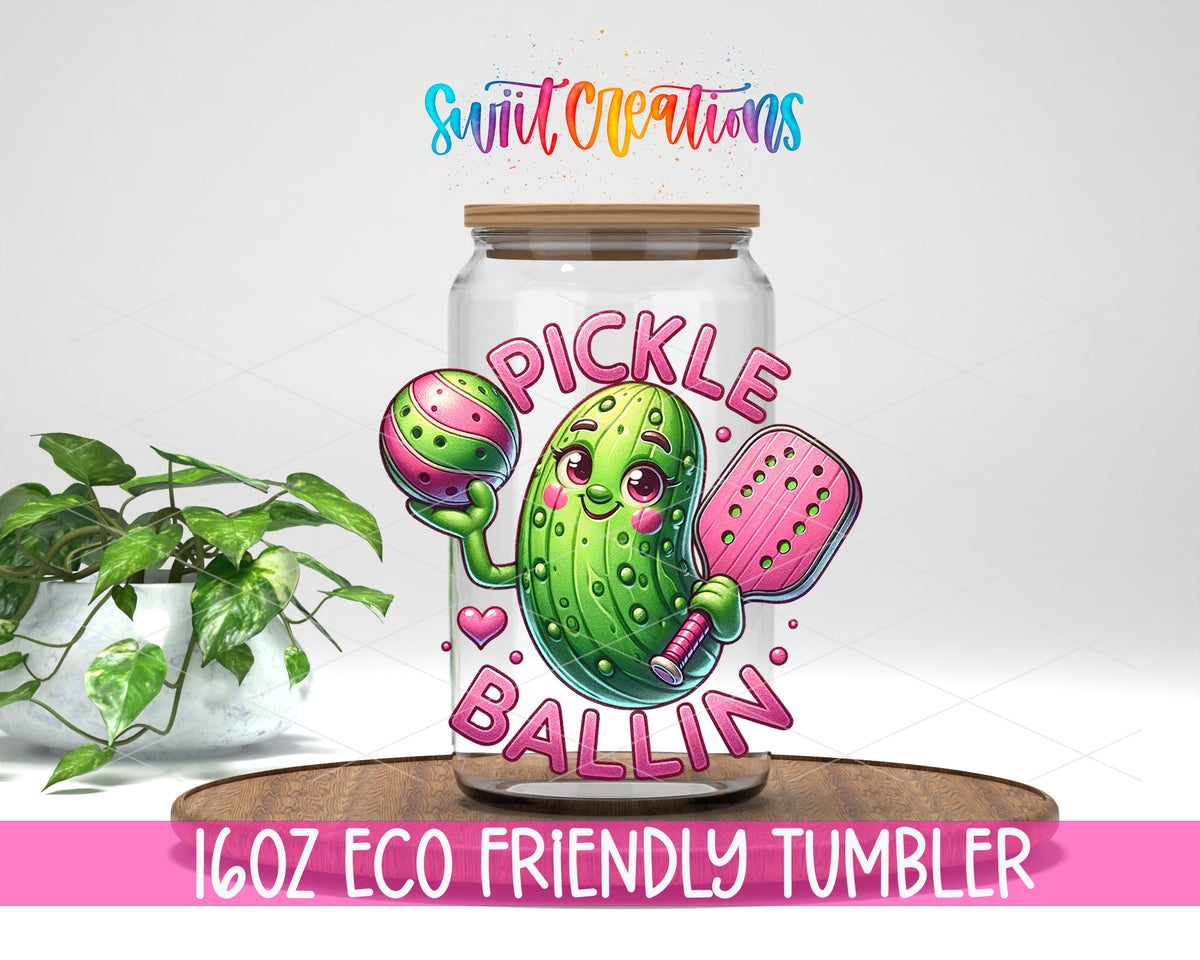 Pickle Ballin design on a 16 oz clear glass tumbler with bamboo lid