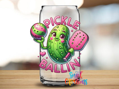 Pickle Ballin design close-up on a clear glass can tumbler