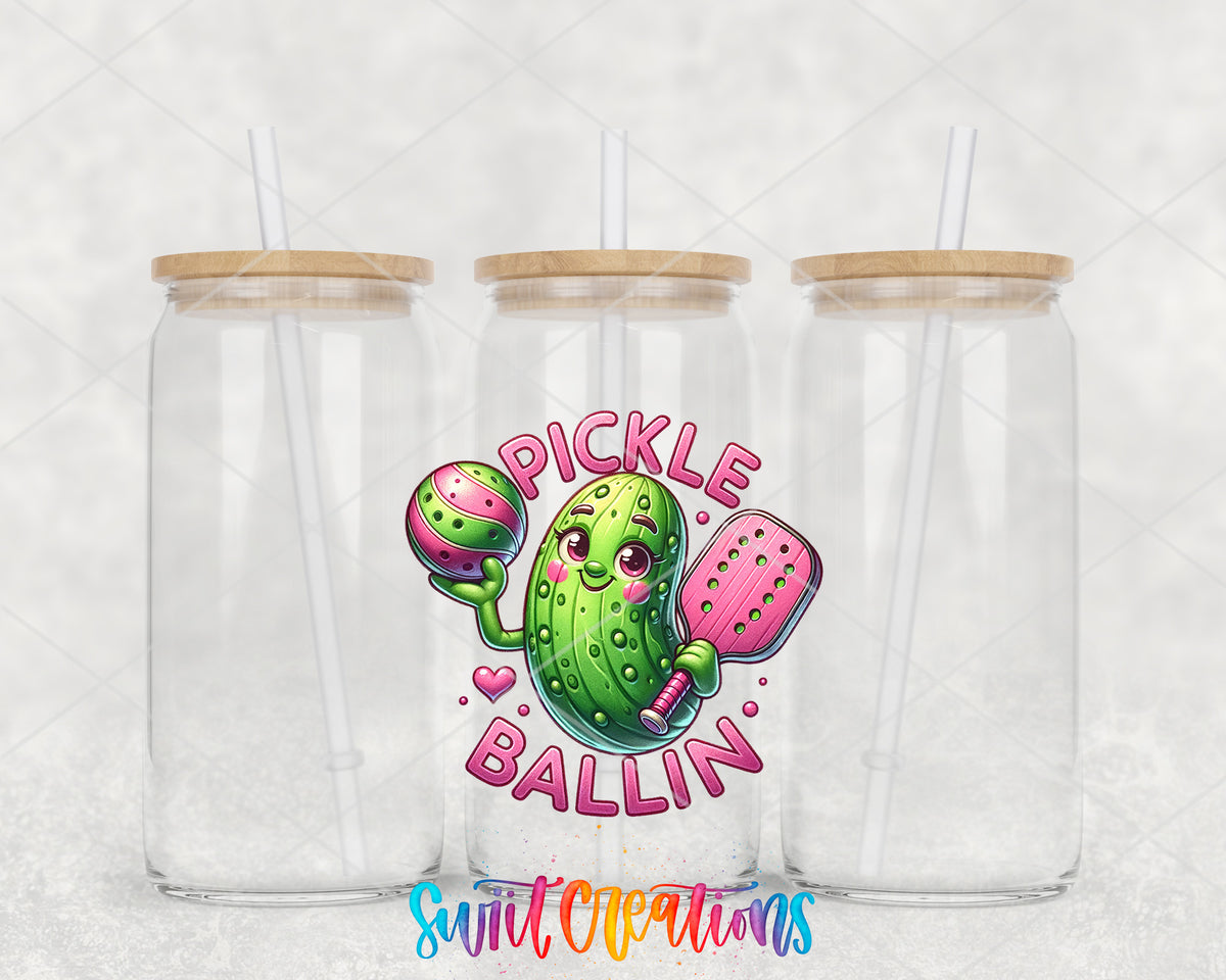 Pickle Ballin clear glass tumbler group mockup with bamboo lids and straws