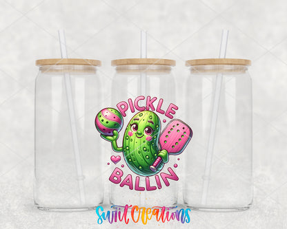 Pickle Ballin clear glass tumbler group mockup with bamboo lids and straws